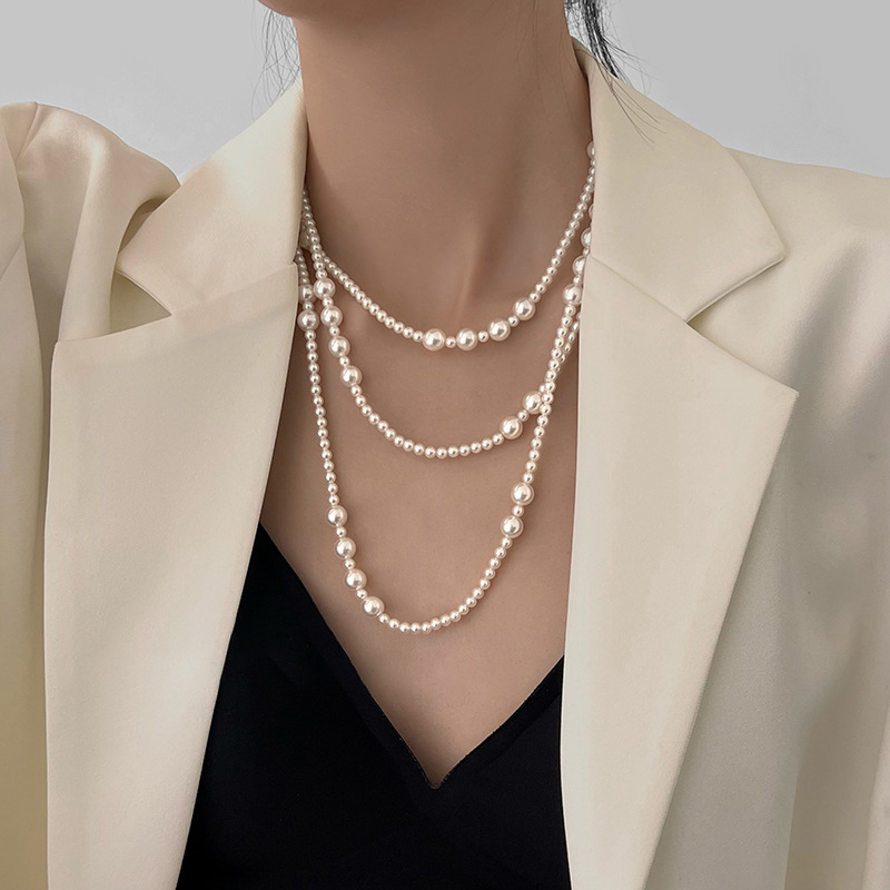Vintage Long Multi Layered Pea - Pearl Choker Necklace Vintage ulasan dan harga