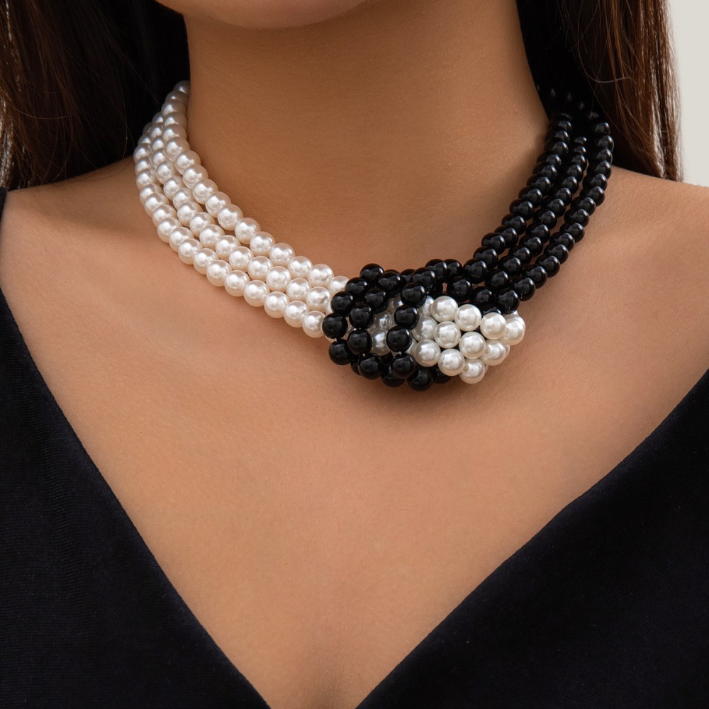 Fashion Retro Black White Stit - Pearl Choker Necklace Vintage ulasan dan harga