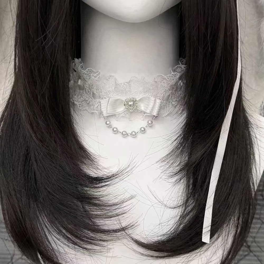 Lace Bow Ruffle Fashion Choker - Pearl Choker Necklace Vintage ulasan dan harga