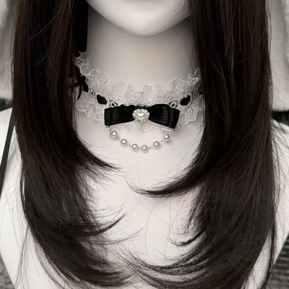 Lace Bow Ruffle Fashion Choker - Pearl Choker Necklace Vintage ulasan dan harga