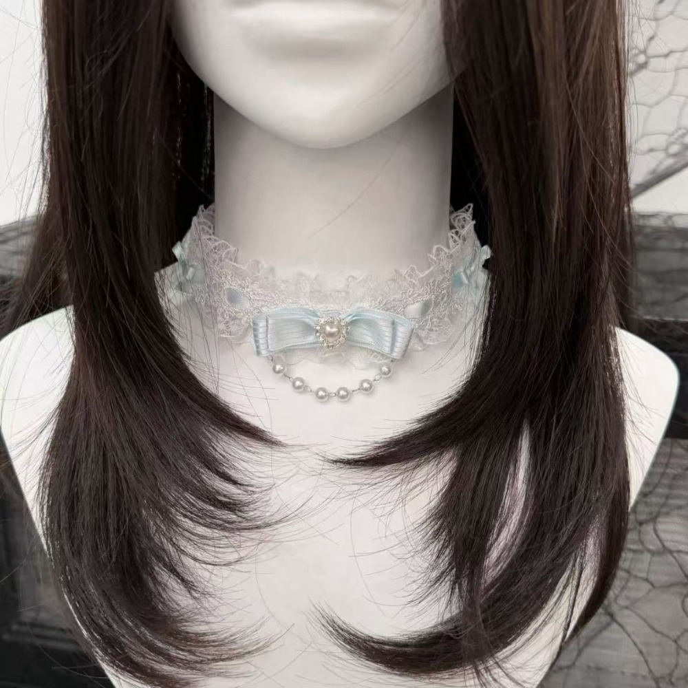 Lace Bow Ruffle Fashion Choker - Pearl Choker Necklace Vintage ulasan dan harga
