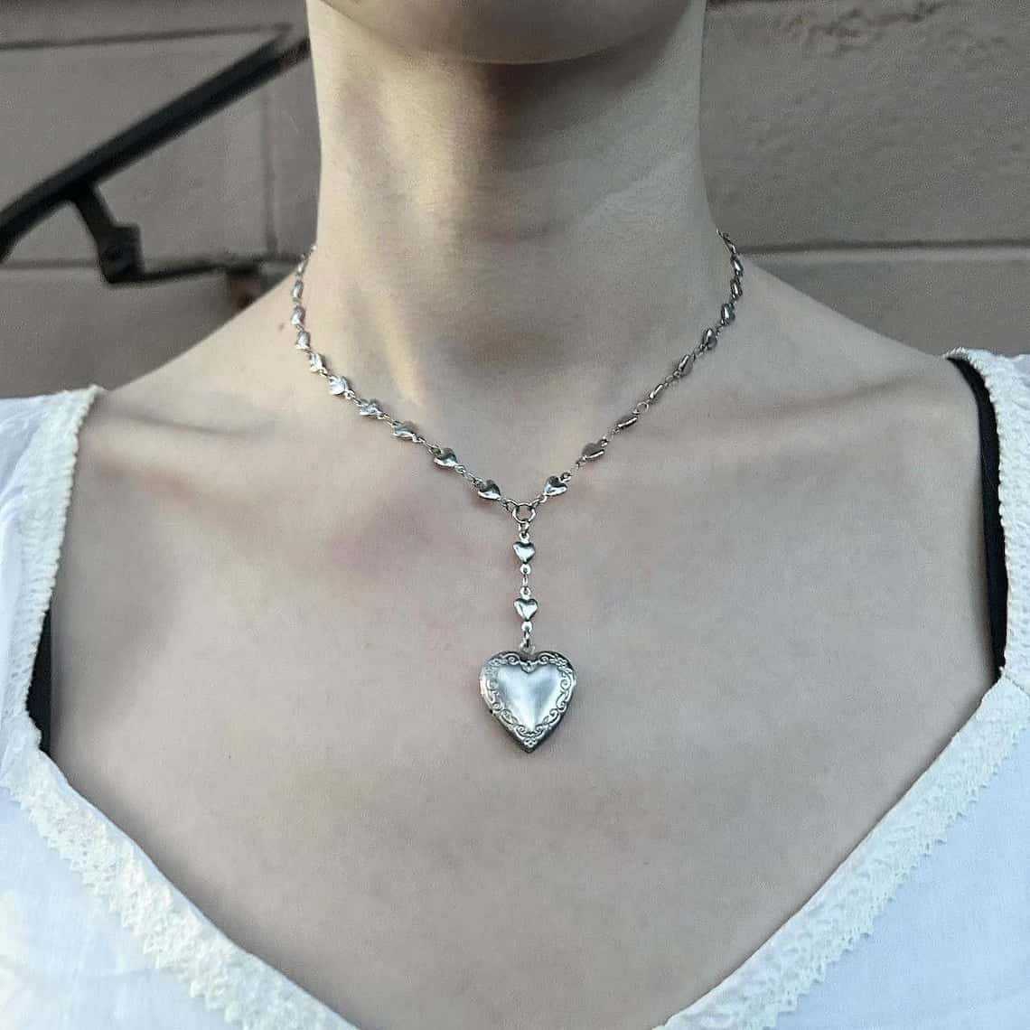 Rosary Lariat Chain Necklace w - Heart Locket Necklace Photo ulasan dan harga