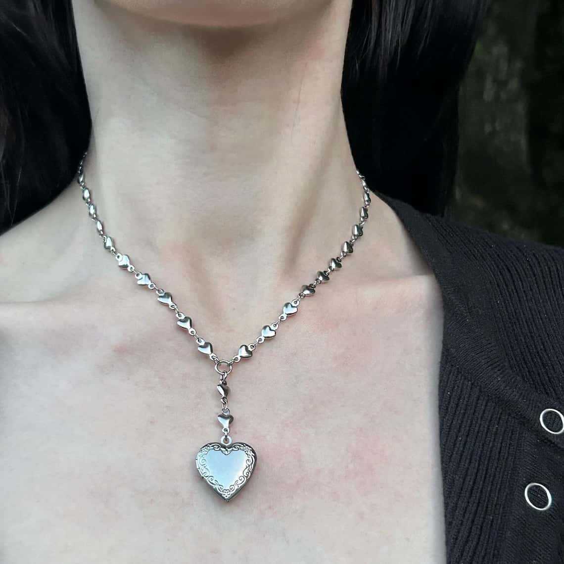 Rosary Lariat Chain Necklace w - Heart Locket Necklace Photo ulasan dan harga