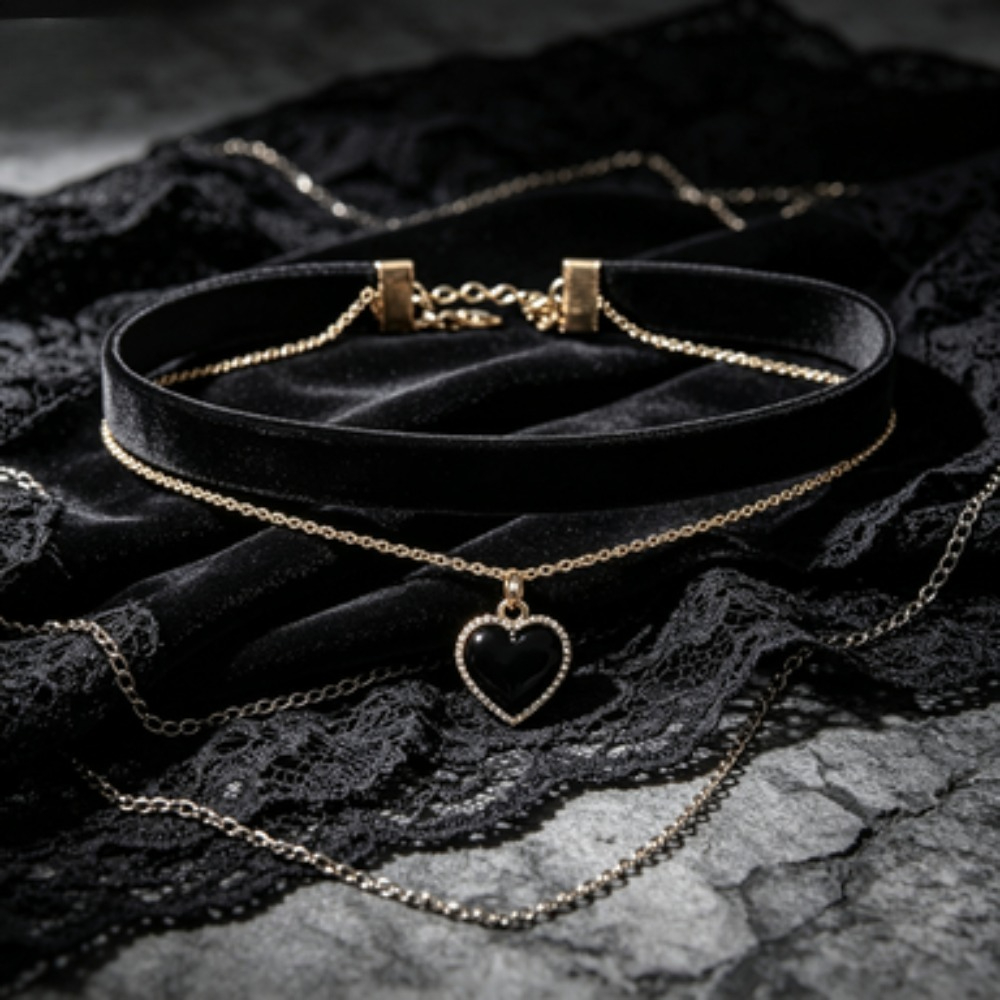 Multi Layer Black Peach Heart  - Layered Pendant Necklace Aesthetic ulasan dan harga