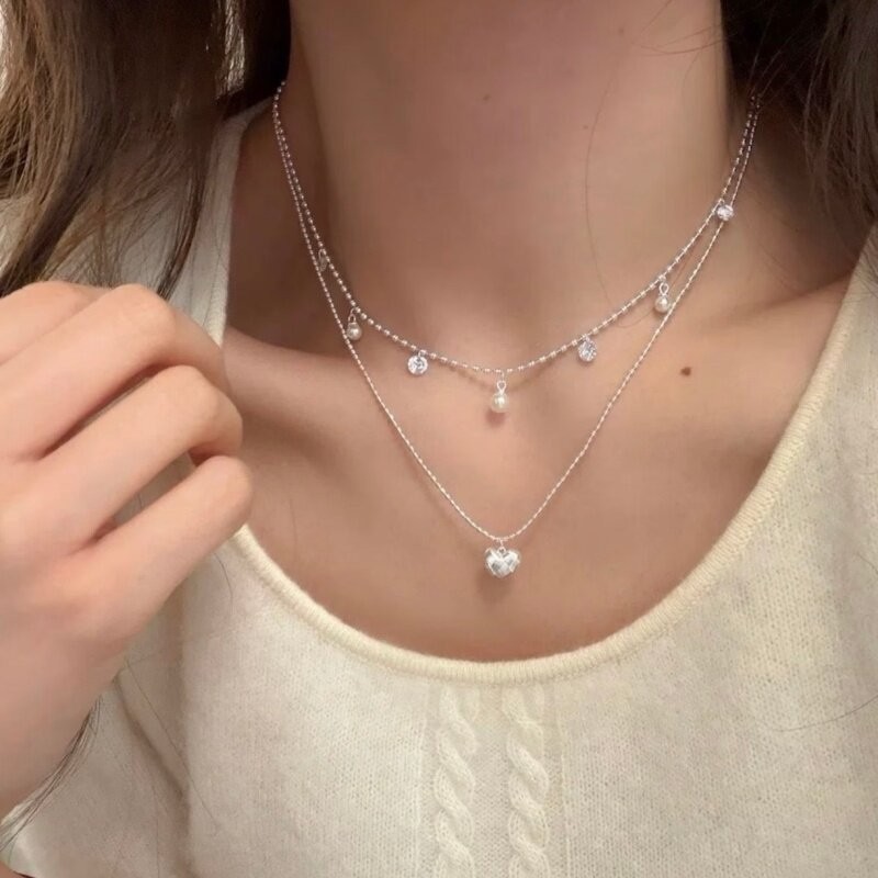 Double Layer Silver Bead Choke - Layered Pendant Necklace Aesthetic ulasan dan harga