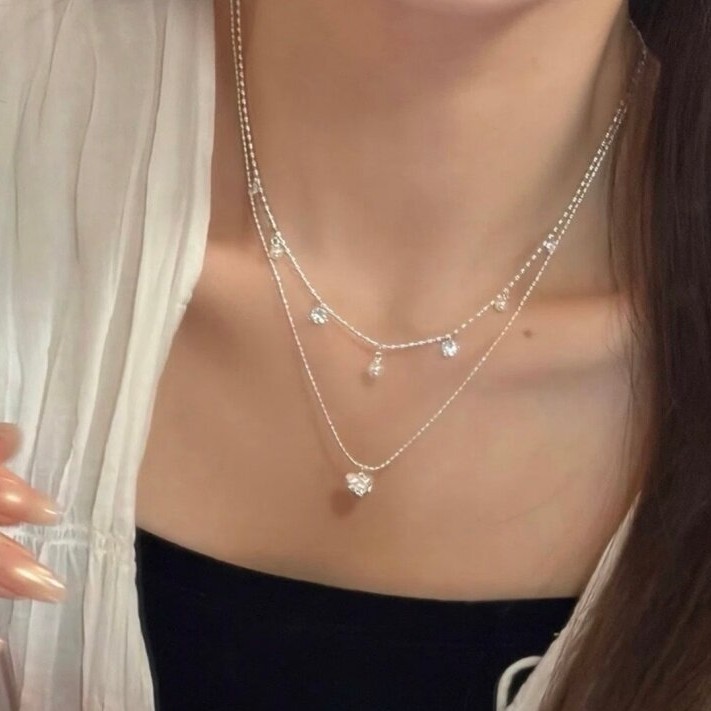 Double Layer Silver Bead Choke - Layered Pendant Necklace Aesthetic ulasan dan harga