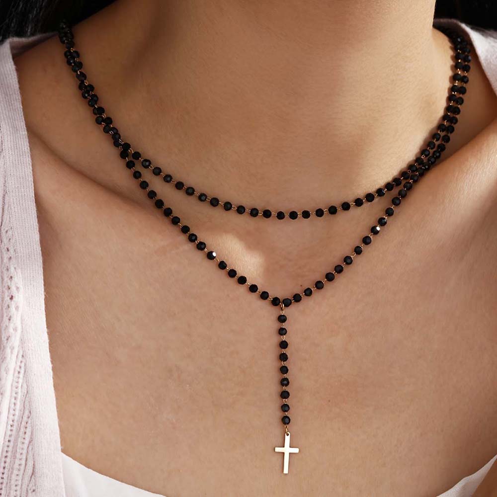 Gothic Double Layer Black Crys - Layered Pendant Necklace Aesthetic ulasan dan harga