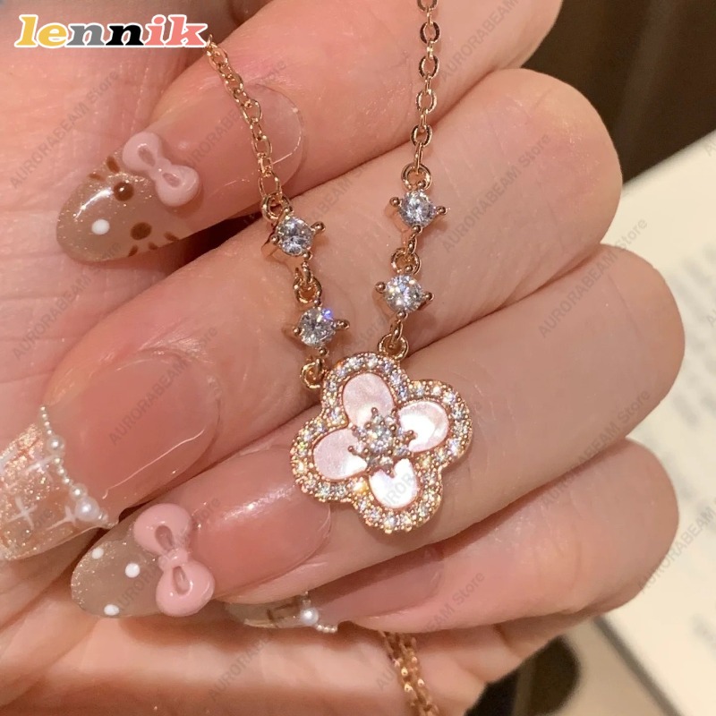 Pink Shell Necklace, Four Leaf - Layered Pendant Necklace Aesthetic ulasan dan harga